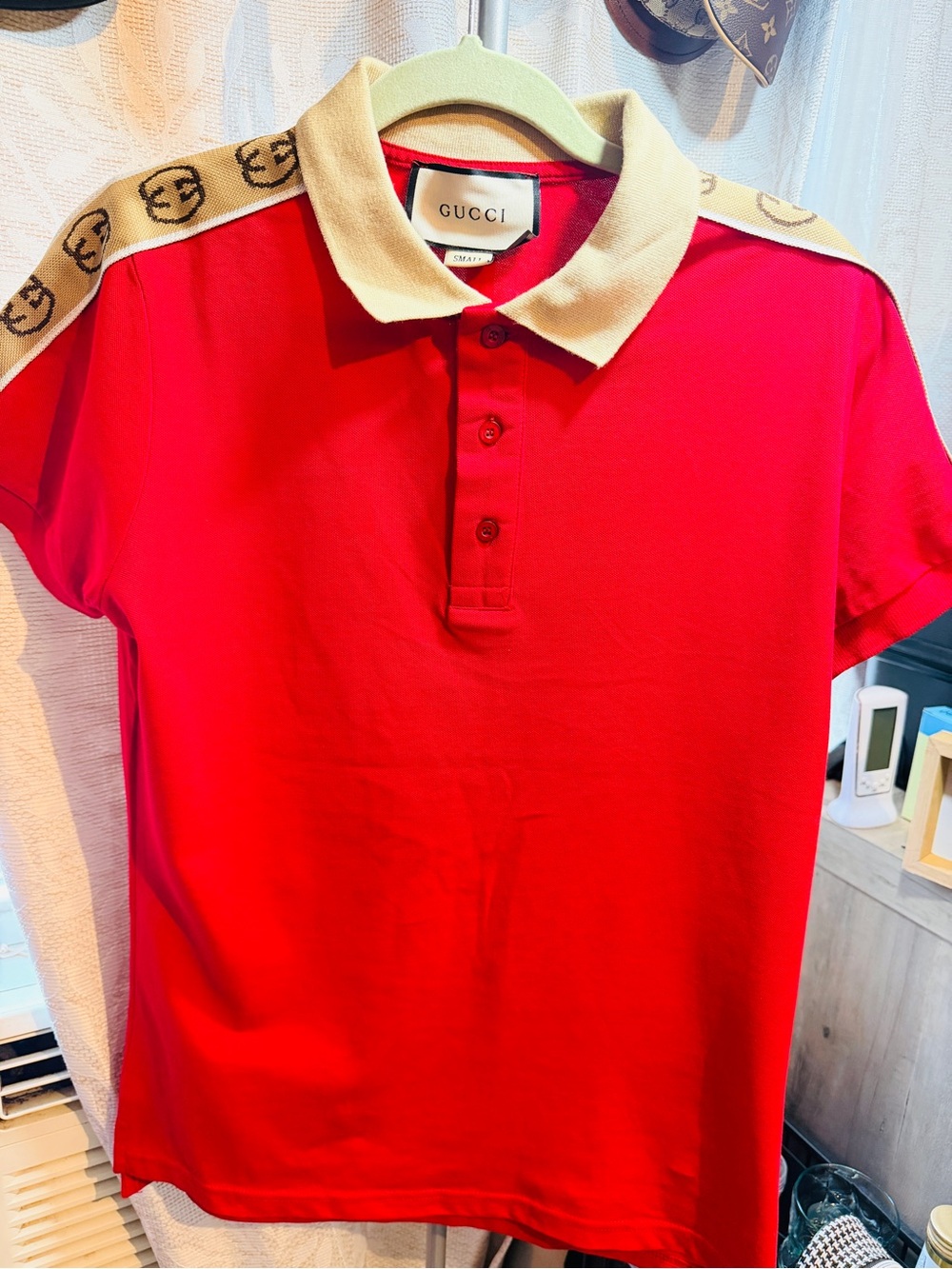 Gucci Red Polo with Beige Collar and Logo Shoulder Trim